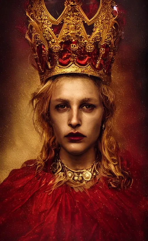 Image similar to 'Portrait of Crowned King Arthur' by Lee Jeffries royally decorated, whirling plasma, atmospheric motes, red and gold Sumptuous garb, gilt silk fabric, radiant colors, fantasy, perfect lighting, studio lit, micro details,