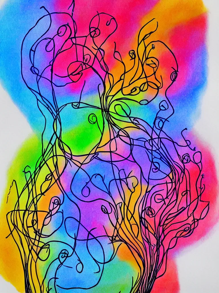 Image similar to sketch single line drawing with burst of color acorn that turns into a tree and creates a treble clef dividing line through the center vertical, color bursts when crossing center line to either side