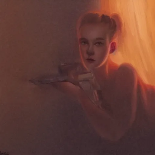 Image similar to silhouette of Elle Fanning as a sniper, stormy weather, extremely detailed masterpiece, oil on canvas, low-key neon lighting, artstation, Blade Runner 2049, Roger Deakin’s cinematography, by J. C. Leyendecker and Peter Paul Rubens,