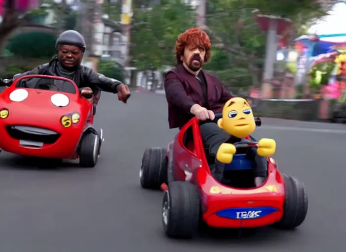 Prompt: peter dinklage racing against gary coleman driving a little tikes cozy coupe, movie still, from the new tokyo drift movie, 8 k, realistic