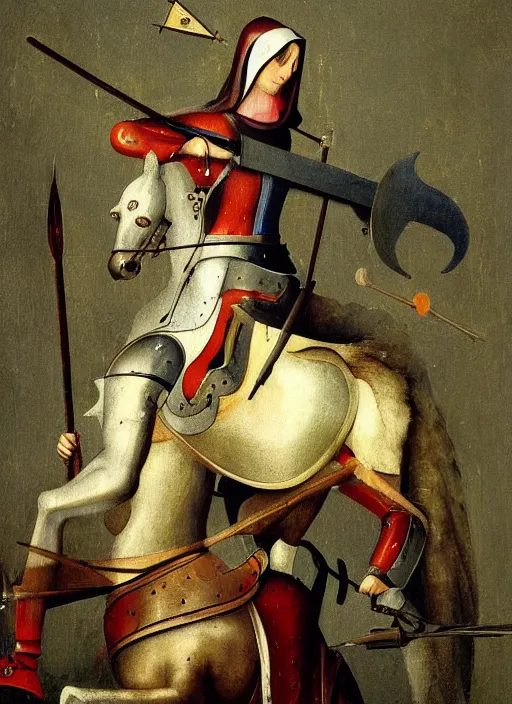 Image similar to joan of arc painted by hieronymus bosch, detailed digital art, trending on Artstation