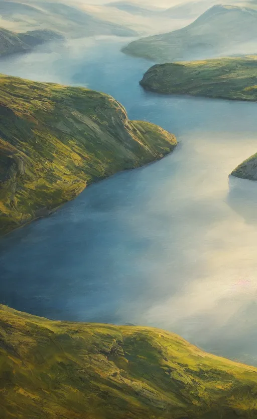 Image similar to nordic fjord, summer morning light, aerial view, cinematic light, soft illumination, cinematic composition, wide - angle, atmospheric, oil painting, trending on artstation