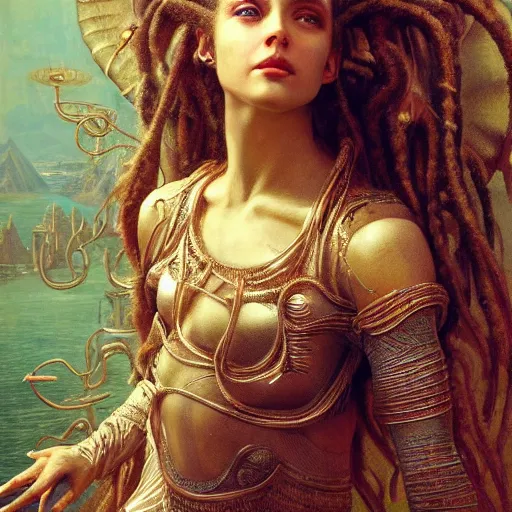 Image similar to octane render, artstation, 8 k, intricate detail, hyper detail, portrait by h. r. giger, gaston bussiere, bayard wu, greg rutkowski, greg rutkowski, sandro botticelli, tan lady of elche egyptian sumerian techno mystic goddess princess intergalactica inanna with aqua neon rapunzel dreadlocks,