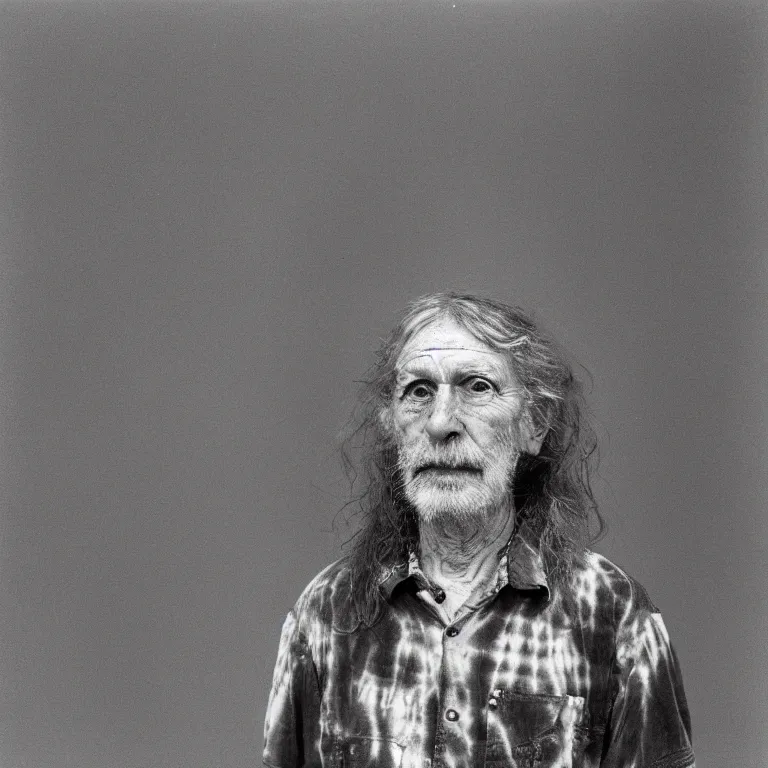 Prompt: portrait photograph of an aging hippy wearing a tie dye shirt that resembles the milky way galaxy, intense color photograph by diane arbus and eggleston, shocking detail cosmic trending on artstation 8 k