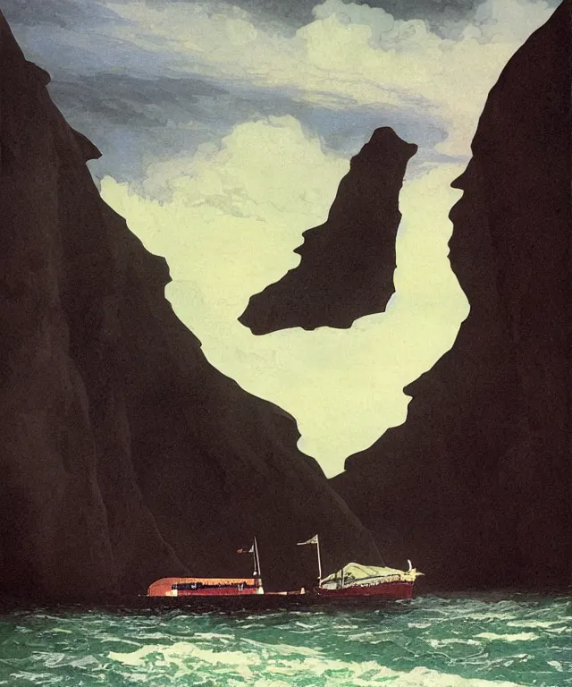 Image similar to photorealistic painting of a 1 9 2 5 seiner sailing near a tropical cliff with the mouth of a sea cave at the waterline, dark, brooding, atmospheric, lovecraft, horror, smooth, epic, highly detailed, cinematic, by angus mcbride