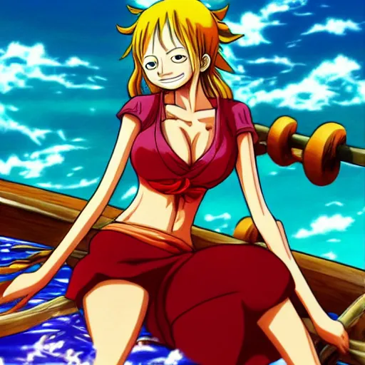 Prompt: One Piece Nami anime. beautiful anime art. trending on artstation. amazing ocean scene.