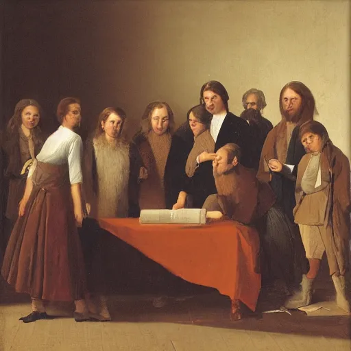 Prompt: mild umber by willem van haecht, by john pawson. a beautiful photograph of a group of people standing around a circular table. in the center of the table is a large, open book. the people in the photograph are looking at the book with interest & appear to be discussing its contents.