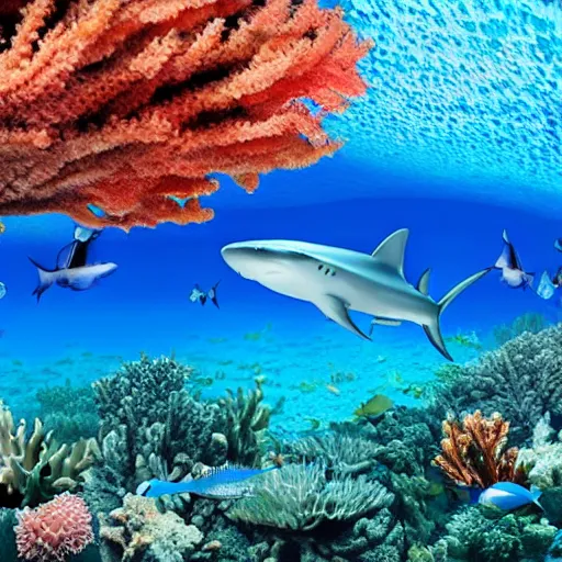 Prompt: coral reef with fish and sharks