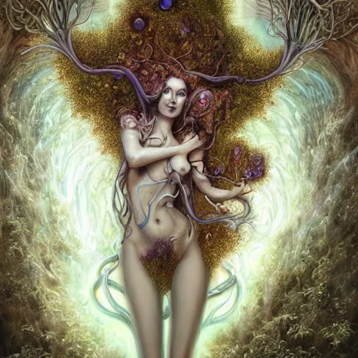 Prompt: the transcendent being depiction of the goddess babalon, entangled with nature, fungi, mycelial, lichen, moss, by peter mohrbacher, by james jean, divinity, mystical third eye, filigree, occult art, stunning