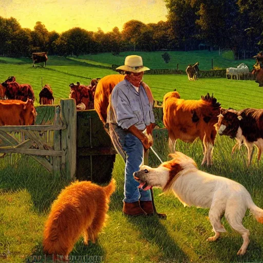 Image similar to feeding the farm dogs at sunrise, 4 k, by bob ross and norman rockwell