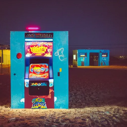 Image similar to a lonely arcade machine at night. beach buildings with graffiti in the background. photograph in the style of simon stalenhag