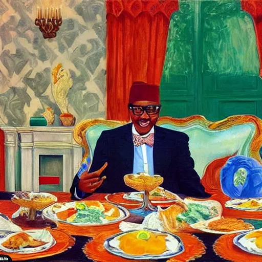 Image similar to president muhammadu buhari sitted at a lavish banquet with a large bastion of chicken in the style of edward hooper and henri matisse yinka shonibare oil painting