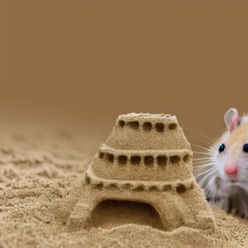 Prompt: Photo of a hamster making a sandcastle, highly-detailed 4K award-winning