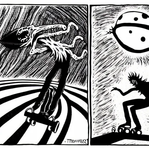 Prompt: black and white trippy comic art of dracularoller skating on roller skates, drawn by martin rowson, tim burton, studio ghibli, alex pardee, nekro petros afshar, james mcdermott, cgsociety 4 k