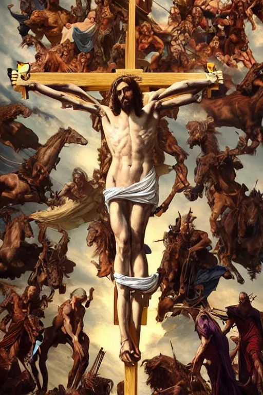 Image similar to realistic photo of the apocalypse, in the center of the image christ crucified and dismembered by demons, in the heavens horsemen of the apocalypse wreak havoc, deep focus, intricate, elegant, highly detailed, digital painting, art station, concept art, matte, sharp focus, illustration, art by artgerm and greg rutkowski and alphonse mucha