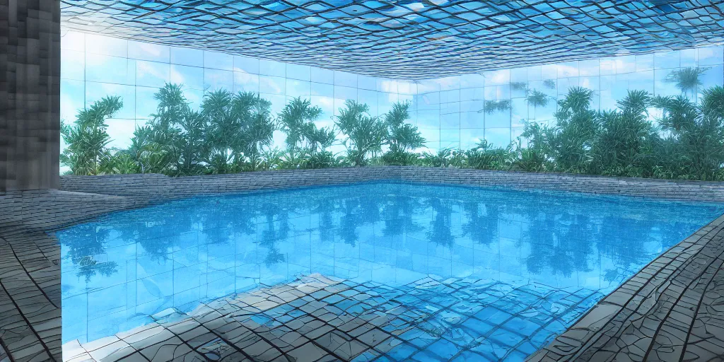 Image similar to vaporwave swimming pool, reflective water, caustics, ray tracing, refractive, hdr, award winning, trending on artstation, digital art. highly detailed 8 k. intricate. lifelike. soft light. nikon d 8 5 0.