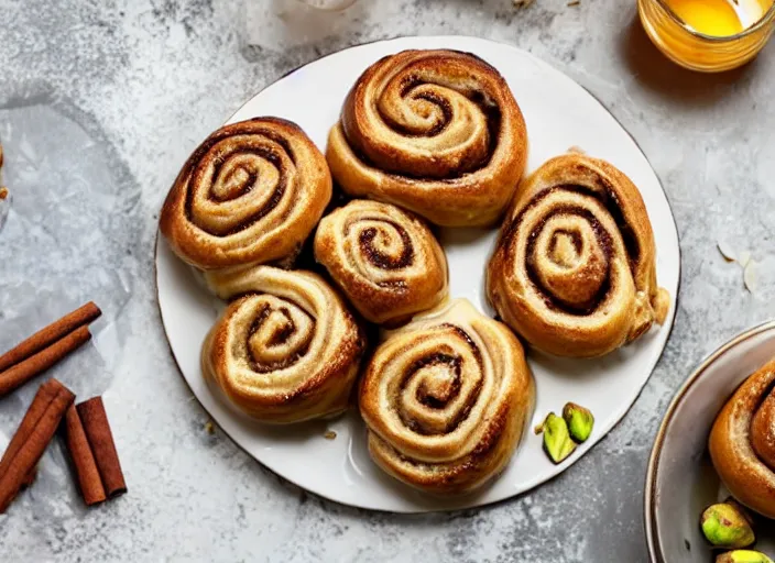 Image similar to cinnamon buns with honey and pistachios