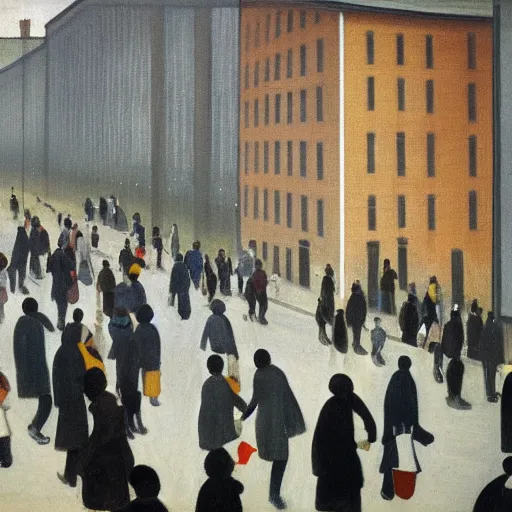 Image similar to painting of swedish commuters heading to the central business district of stockholm, painted by laurence stephen lowry, oil on canvas, national gallery