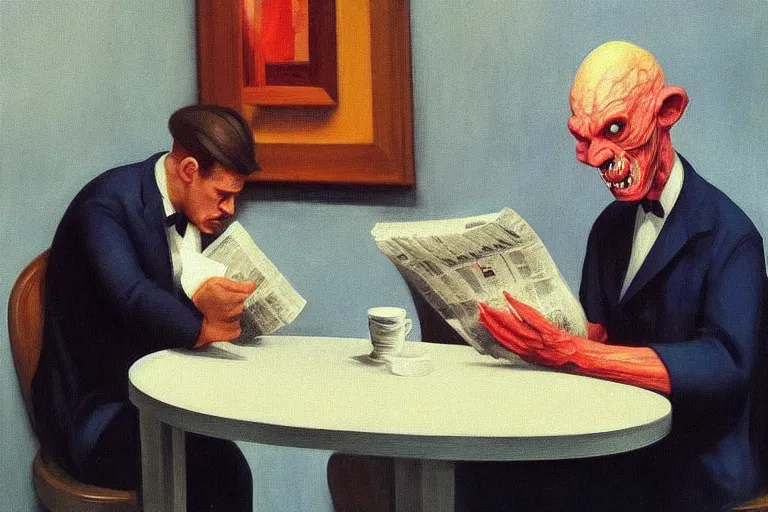 Prompt: the monster from the thing reading a newspaper at a cafe. a waiter is pouring coffee. painting by edward hopper, 3 d rendering by beeple, 8 k, comfy bennings - thing