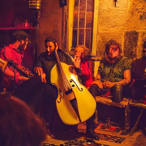 Image similar to a gipsy singer sings a jazz song in a crowded pub, award-winning photograph, dark, golden hour, colorful, night