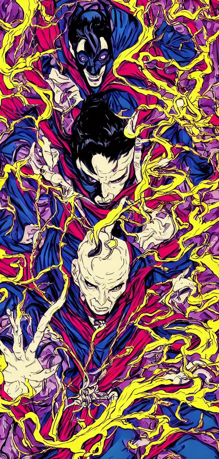 Prompt: Dr strange as an evil anime character in the style of Junji Ito, bright colourful pop art