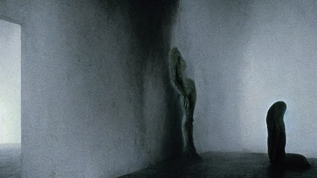 Image similar to the creature that pushes in from the wall, film still from the movie directed by denis villeneuve and david cronenberg with art direction by salvador dali and zdzisław beksinski, wide lens