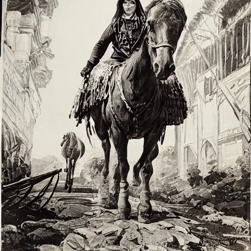 Image similar to by giovanni battista piranesi, by frederic remington 1 9 7 0 s era, cool subdued. a street art of a heroine riding on a magnificent red horse. traditional russian folk costume & headscarf. pale & beautiful, resolve in her eyes. horse's hooves churn up earth as they gallop, dark forest looms.