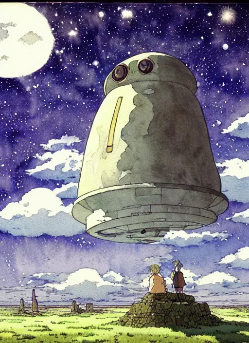 Prompt: hyperrealist studio ghibli watercolor fantasy concept art of a giant ufo from howl's moving castle sitting on stonehenge like a stool. it is a misty starry night. by rebecca guay, michael kaluta, charles vess