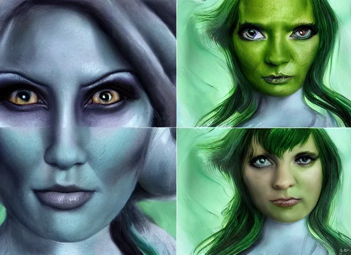 Image similar to beautiful aliens faces with green hair, 8 k, matte painting, in the style of artist, ann stokes