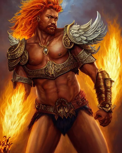 Prompt: mtg character portrait of a brawny male leonin warrior african lion angel of justice, with fiery golden wings of flame, wearing shining armor, wielding flaming sword and holding large fiery shield, by peter mohrbacher and wadim kashin and greg rutkowski and esao andrews and george pemba and ernie barnes and raymond swanland and magali villeneuve, trending on artstation