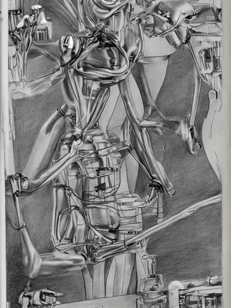 Image similar to “a drawing of a skinny silver humanoid robot preparing for a race on a race track, wide shot, midday, on the cover of a 1970s science fiction magazine”