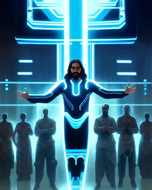 Image similar to tron legacy jesus performing miracles for a crowd, face, diffuse lighting, hyper realistic, concept art, intricate, hyper detailed, smooth, sharp focus, illustration, artstation, art by greg rutkowski and james gurney and alphonse mucha