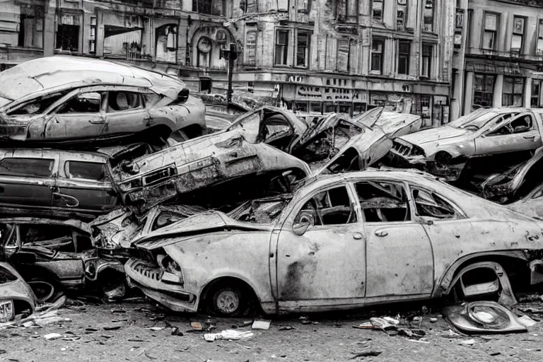 Image similar to pile of wrecked cars in the middle of the square, photo by John Free,
