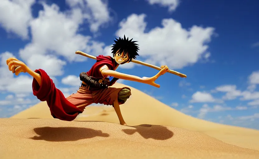 Prompt: a luffy in sand dunes, photography by kim jung gi