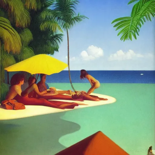 Image similar to a dream-vacation in the tropical beach by Raphael, Hopper, and Rene Magritte. detailed, romantic, enchanting, trending on artstation.