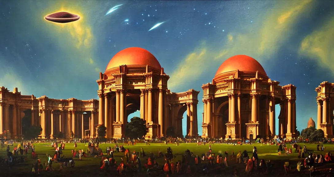 Image similar to the san francisco palace of fine arts during the intergalactic futuristic fair, romantic era sci - fi painting, futuristic