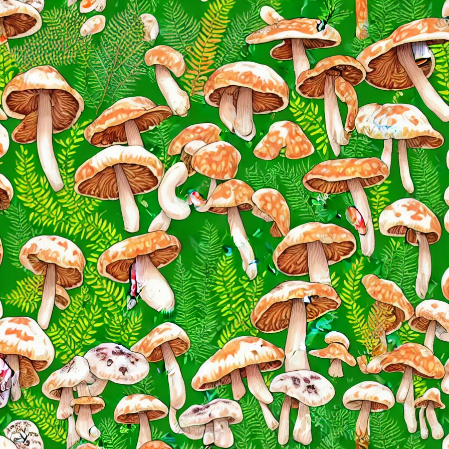 Image similar to plethora of mushrooms and mycelium, vivid natural color hues and natural surroundings, colorful painted patterns and motifs on mushrooms, leaves and ferns, seamless fabric pattern 8K, highly detailed.