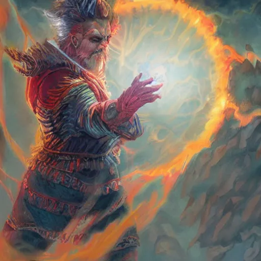 Image similar to Highly detailed oil painting, concept art, of a wizard casting a fireball spell, fighting against a huge ice giant, red and blue color scheme, concept art, highly detailed.