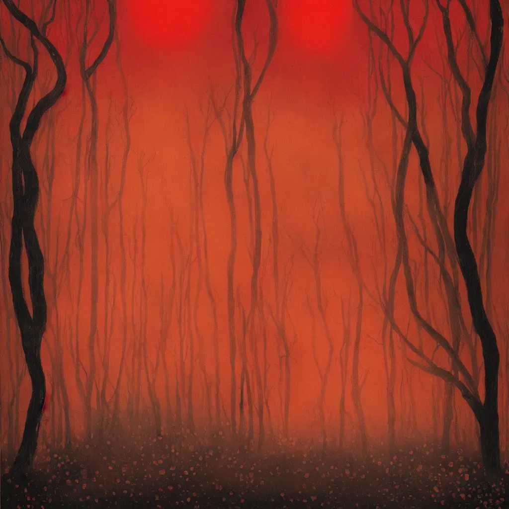 Image similar to semi real, and semi surreal. it's like a blend of a dream and a flawed memory. it's a forest under a red sun. a god sits under a tree, watching over a mystical body of water. the back of the canvas has a red glow from a fire set in the isle.