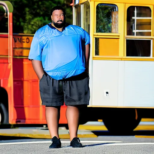 Image similar to overweight african american male school bus driver with dreads, wearing shorts with chubby legs, big moe, symmetric face, photo