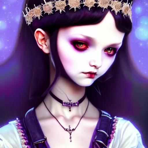 Image similar to beautiful goth princess, very cute features, brilliant glittering hair, universal volumetric lighting, soft glow, russian slasher film painting by range murata, norman rockwell, artgem, wes anderson, highly detailed intricately sharp focus, trending on pinterest, unreal engine 5 4 k uhd image