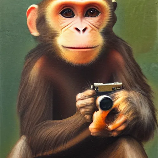 Image similar to Portrait of a monkey holding a camera, oil painting