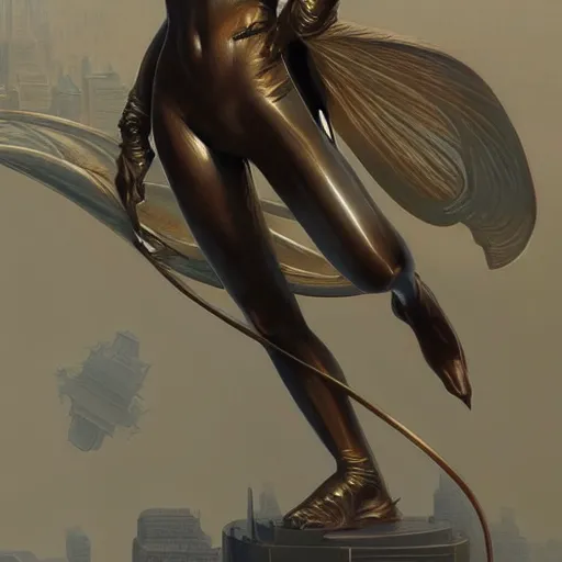 Image similar to a bronze statue stands as the centerpiece of futuristic art deco new york city, fantasy, intricate, elegant, digital painting, trending on artstation, concept art, sharp focus, illustration by greg rutkowski, Gaston Bussiere and artgerm, 4k.