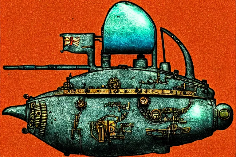 Image similar to steampunk submarine!, in the style of john avon and derek riggs and eva widermann, trending on artstation, halfrear lighting closeup view anaglyph filter, bokeh, anime, colored pencil art, jean henri gaston giraud