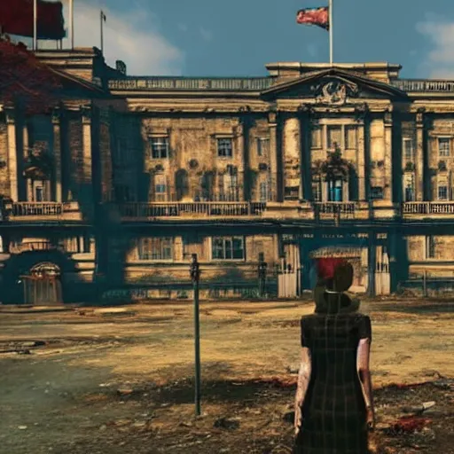 Image similar to buckingham palace in ruins post - nuclear war in fallout 4, in game screenshot