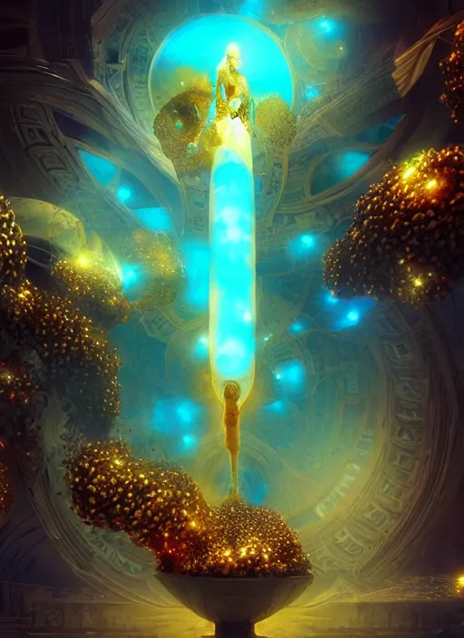 Image similar to flowers within the whole infinite capsule apparent with awe the apparition, an idea seep's into infinity highly detailed in volumetric latent space, golden turquoise steampunk, high contrast cinematic light, mystical shadows, sharp focus, divine realm of gods, octane render, artist by boris vallejo,