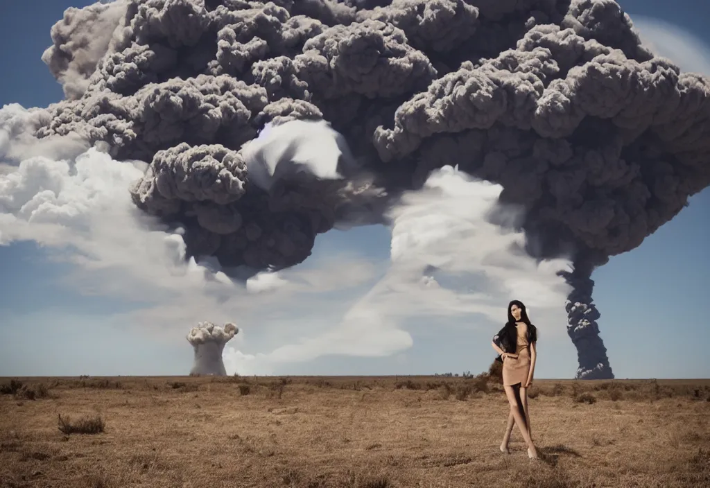 Image similar to fashion editorial in front of nuclear explosion cloud. wide angle shot. highly detailed. depth of field. high definition. 8k. photography.