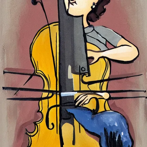 Prompt: woman playing a cello, stuckism art style,