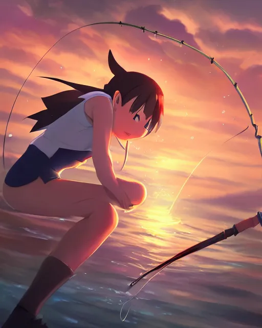 Image similar to a female pokemon trainer fishing for magikarp, full shot, atmospheric lighting, detailed face, by makoto shinkai, stanley artger m lau, wlop, rossdraws, james jean, andrei riabovitchev, marc simonetti, krenz c