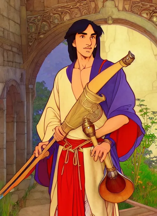 Image similar to tanned medieval diplomat wearing colourful silk robes holding lute, natural lighting, path traced, highly detailed, high quality, digital painting, by don bluth and ross tran and studio ghibli and alphonse mucha, artgerm